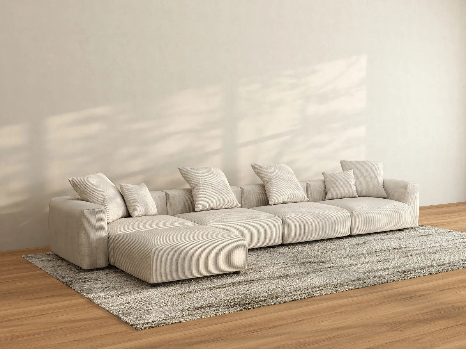 Juego de sofá Matrix de 4 plazas en pana beige | 5 piezas (incluye 1 otomana), fácil de limpiar, diseño elegante