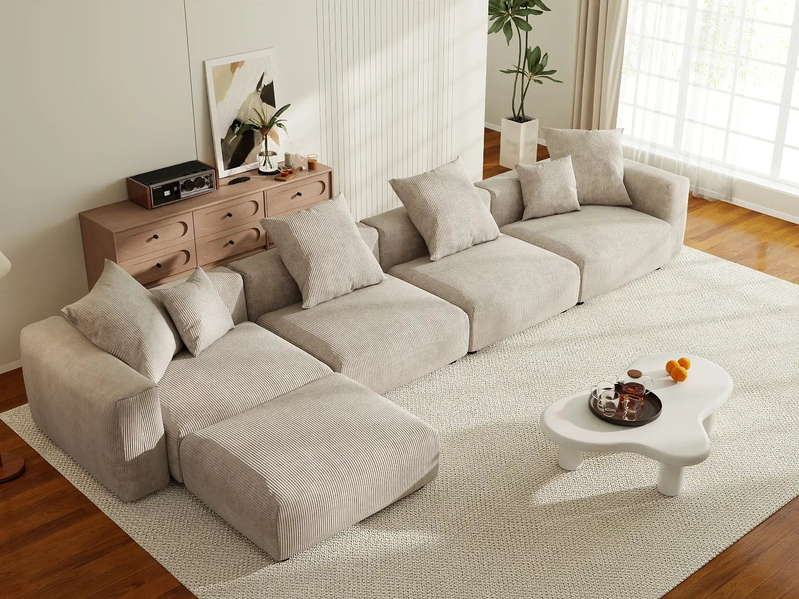 Fundas de sofá modulares Matrix Modern | Fundas de sofá de pana beige para 4 plazas con 1 otomana
