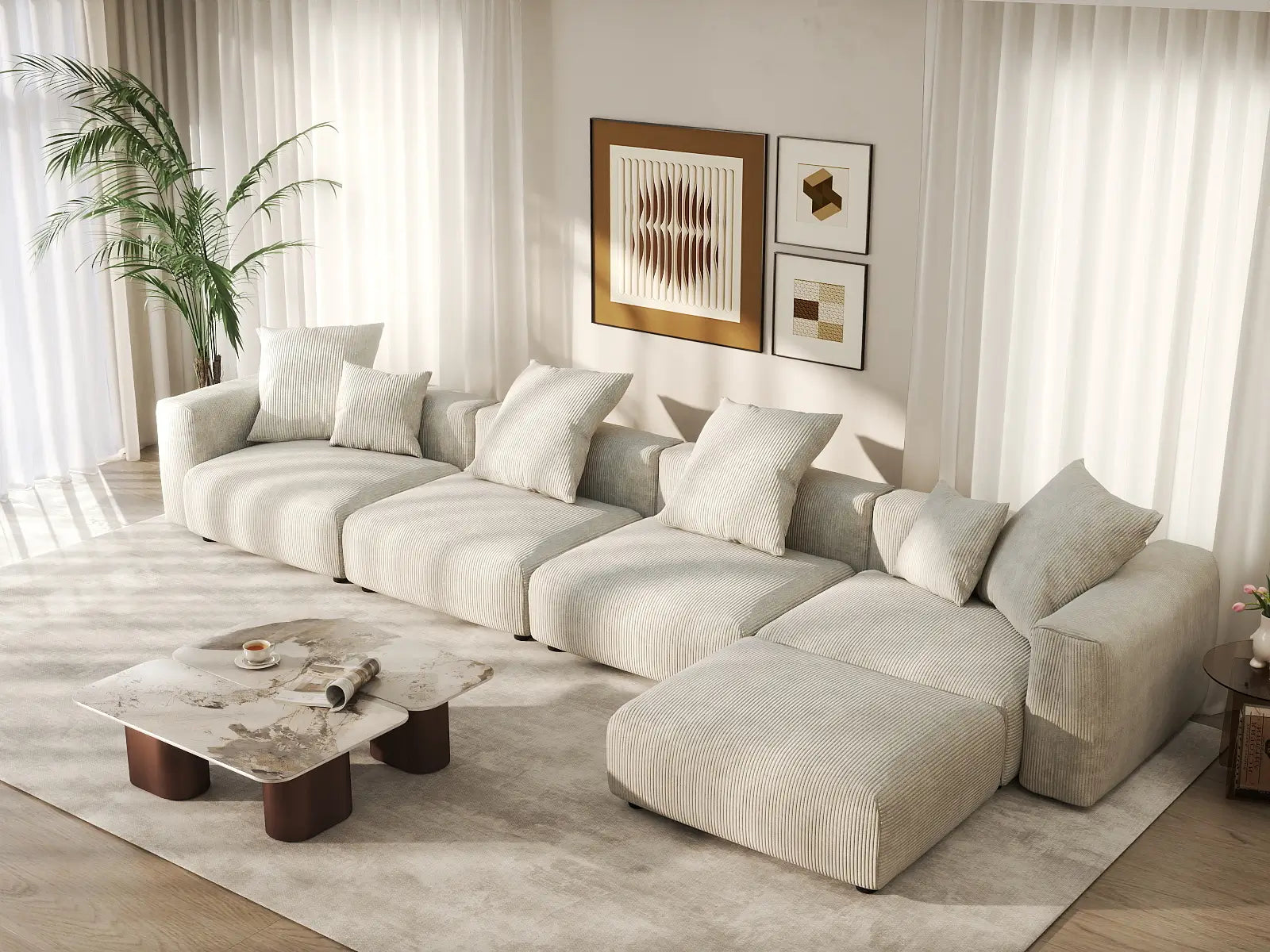 Fundas de sofá modulares Matrix Modern | Fundas de sofá de pana beige para 4 plazas con 1 otomana