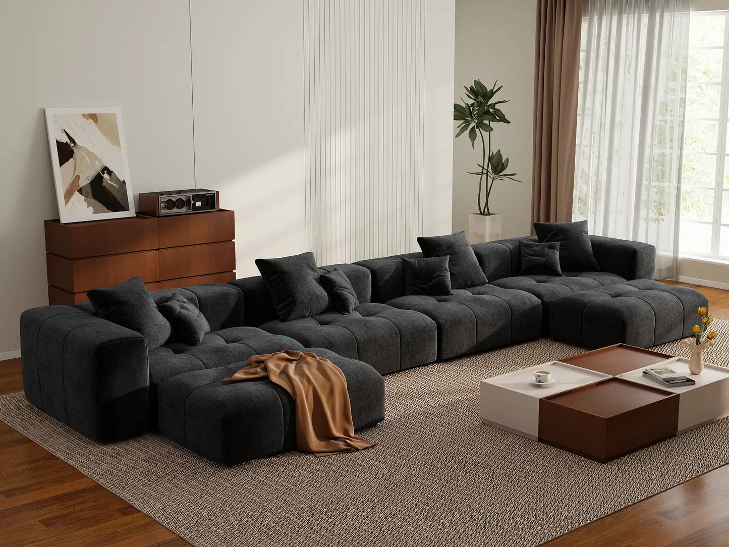 Matrix 4-Seater U-Shaped Sectional in Black Linen | 6-Piece (Includes 2 Ottomans), Family Room Seating, Contemporary Style