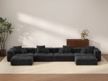 Matrix 4-Seater U-Shaped Sectional in Black Linen | 6-Piece (Includes 2 Ottomans), Family Room Seating, Contemporary Style