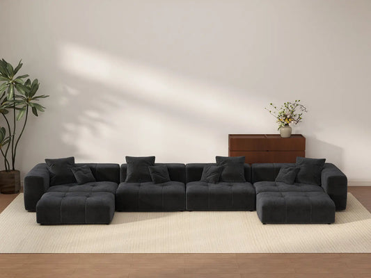 Matrix 4-Seater U-Shaped Sectional in Black Linen | 6-Piece (Includes 2 Ottomans), Family Room Seating, Contemporary Style