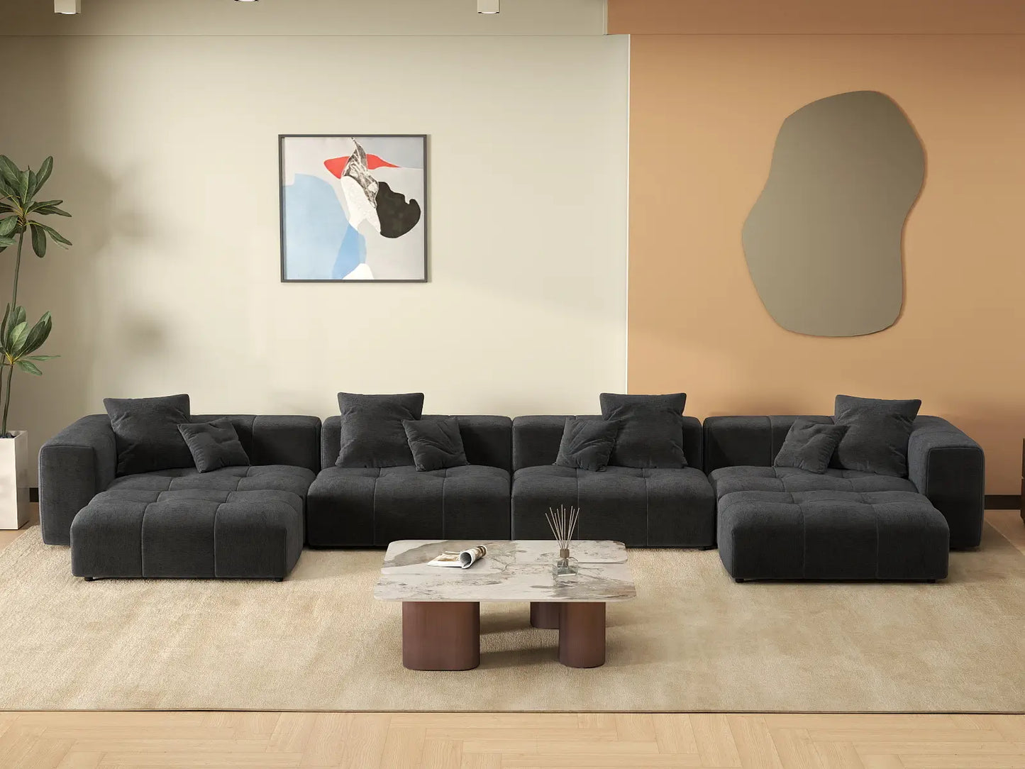 Matrix 4-Seater U-Shaped Sectional in Black Linen | 6-Piece (Includes 2 Ottomans), Family Room Seating, Contemporary Style