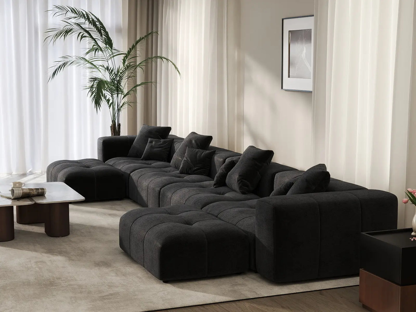 Matrix 4-Seater U-Shaped Sectional in Black Linen | 6-Piece (Includes 2 Ottomans), Family Room Seating, Contemporary Style