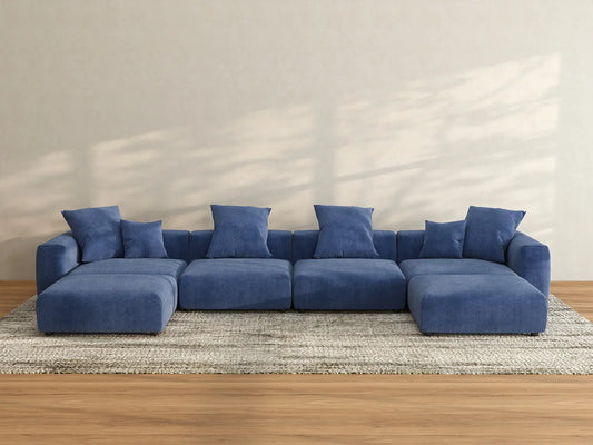 Matrix 4-Seater U-Shaped Sectional in Blue Corduroy | 6-Piece (Includes 2 Ottomans), Family Room Seating, Easy To Clean, Contemporary Style