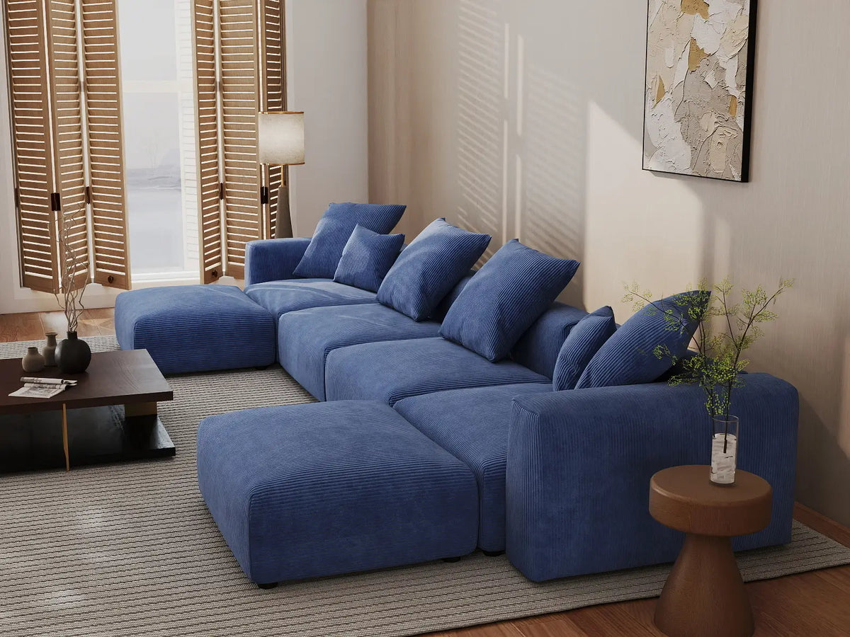 Matrix 4-Seater U-Shaped Sectional in Blue Corduroy | 6-Piece (Includes 2 Ottomans), Family Room Seating, Easy To Clean, Contemporary Style