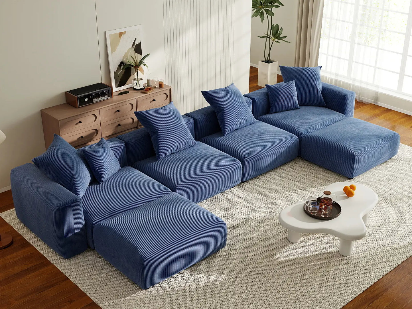 Matrix 4-Seater U-Shaped Sectional in Blue Corduroy | 6-Piece (Includes 2 Ottomans), Family Room Seating, Easy To Clean, Contemporary Style