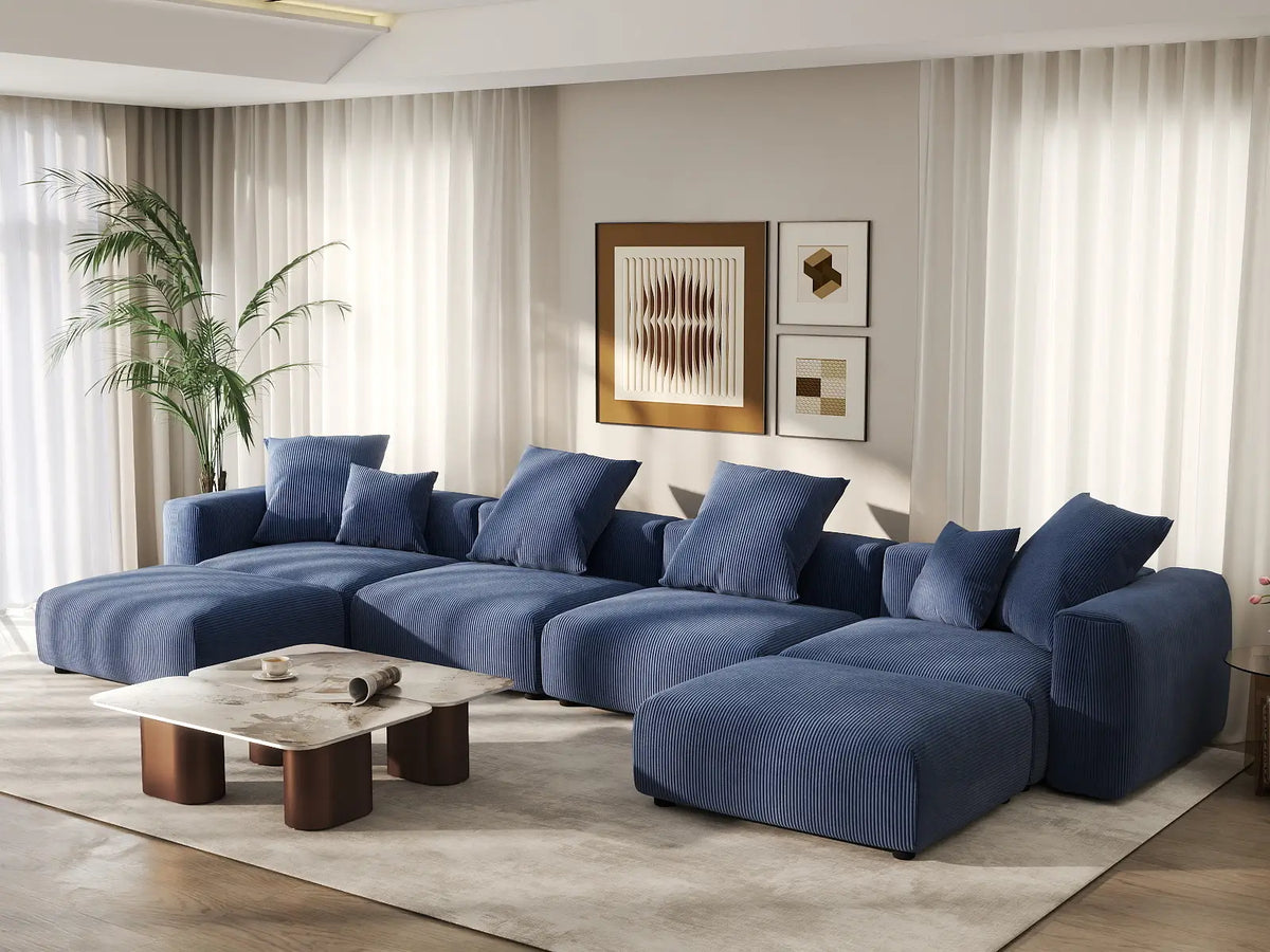 Matrix 4-Seater U-Shaped Sectional in Blue Corduroy | 6-Piece (Includes 2 Ottomans), Family Room Seating, Easy To Clean, Contemporary Style