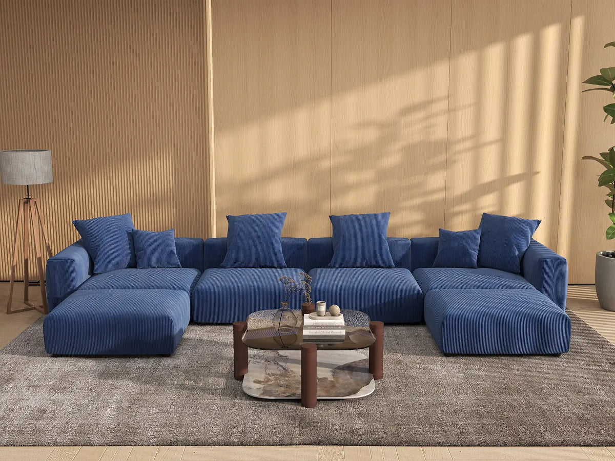 Matrix 4-Seater U-Shaped Sectional in Blue Corduroy | 6-Piece (Includes 2 Ottomans), Family Room Seating, Easy To Clean, Contemporary Style