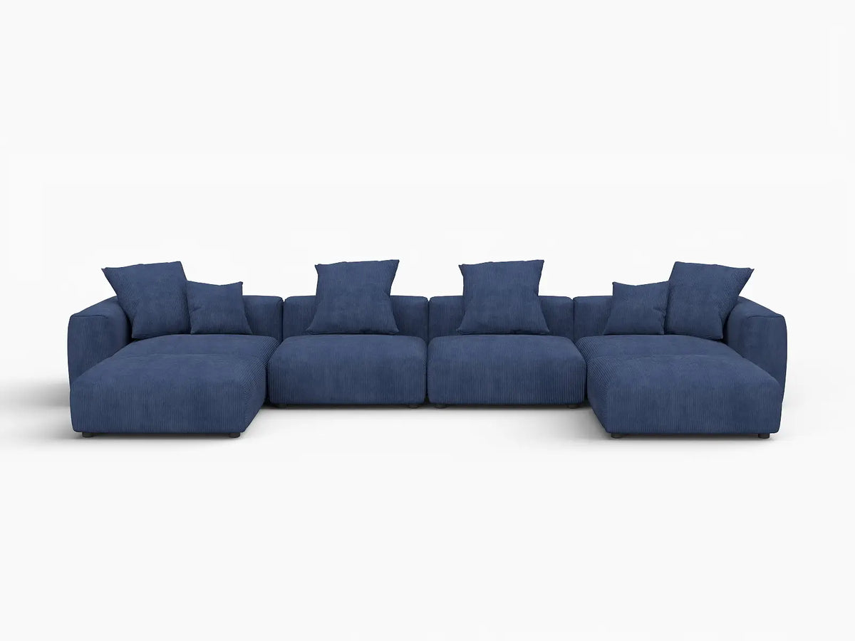 Matrix 4-Seater U-Shaped Sectional in Blue Corduroy | 6-Piece (Includes 2 Ottomans), Family Room Seating, Easy To Clean, Contemporary Style