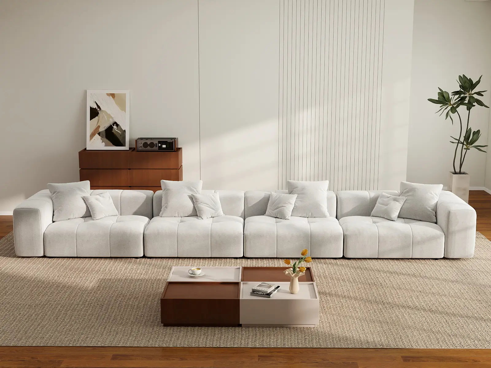 Matrix 4-Seater White Large Space Couch Sectional | 4-Piece, Linen Fabric
