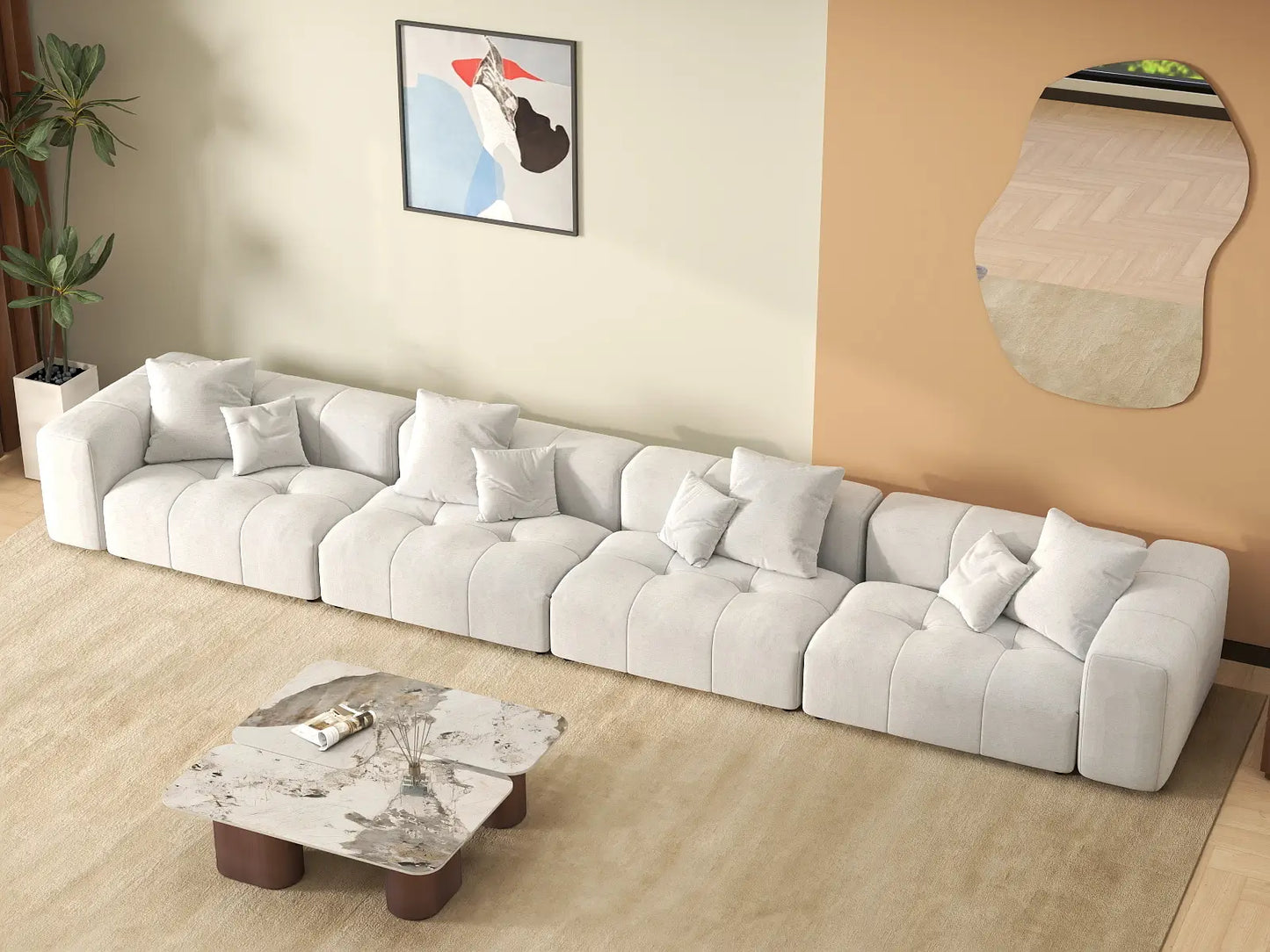 Matrix 4-Seater White Large Space Couch Sectional | 4-Piece, Linen Fabric
