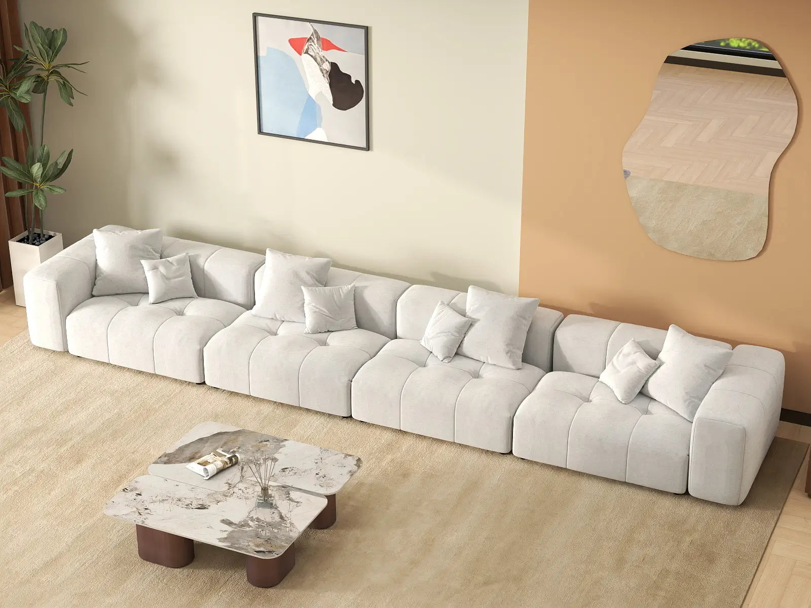 Matrix 4-Seater White Large Space Couch Sectional | 4-Piece, Linen Fabric