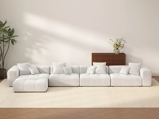 Matrix 4-Seater White Large Space L-Shaped Sectional | 5-Piece (Includes 1 Ottoman), Linen Fabric