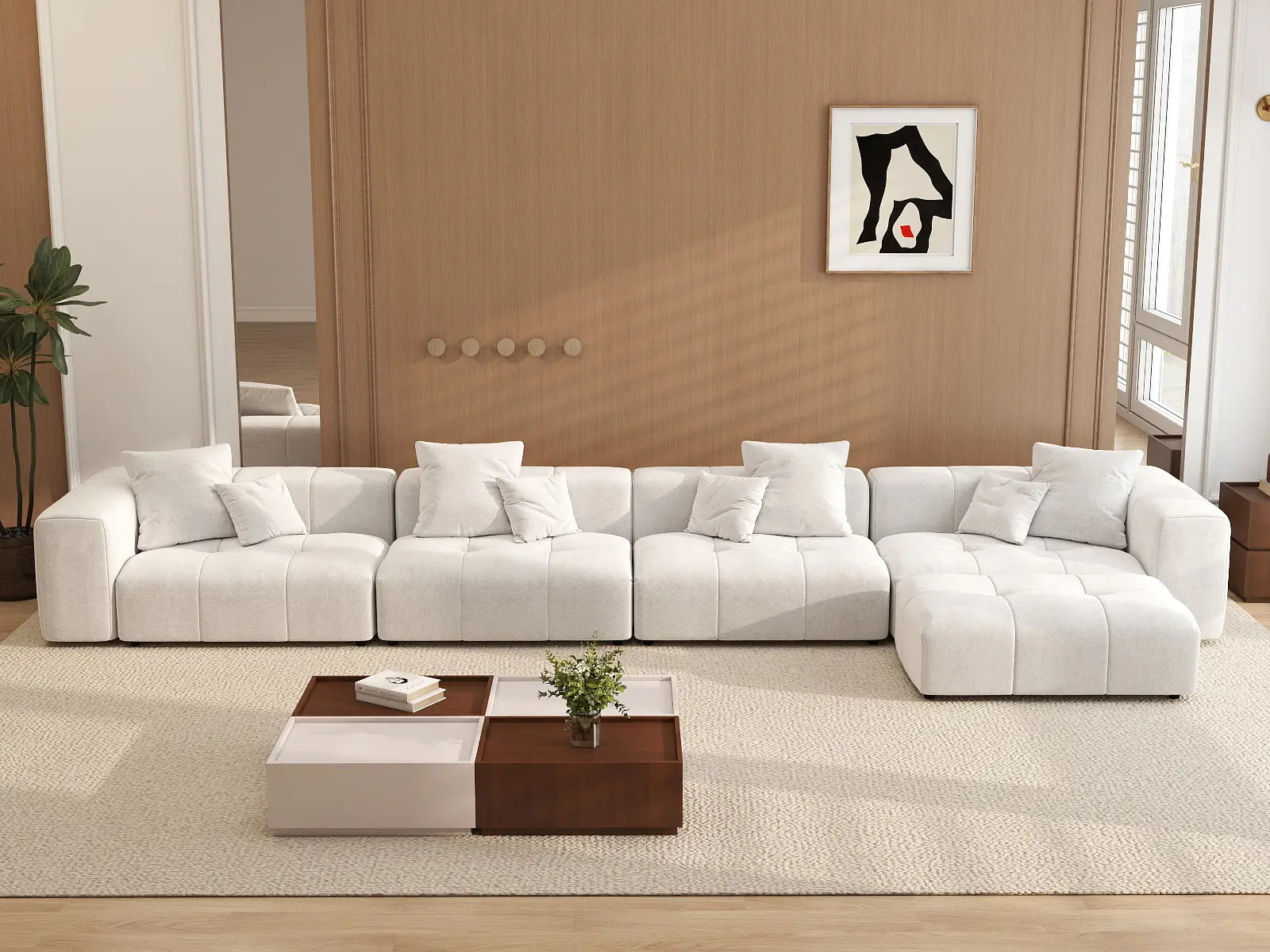 Matrix 4-Seater White Large Space L-Shaped Sectional | 5-Piece (Includes 1 Ottoman), Linen Fabric