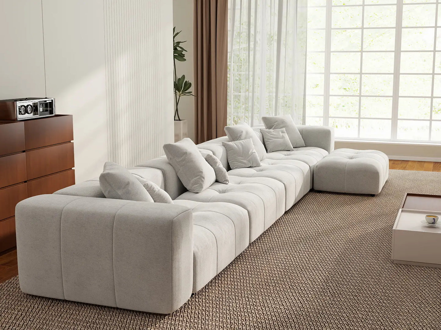 Matrix 4-Seater White Large Space L-Shaped Sectional | 5-Piece (Includes 1 Ottoman), Linen Fabric