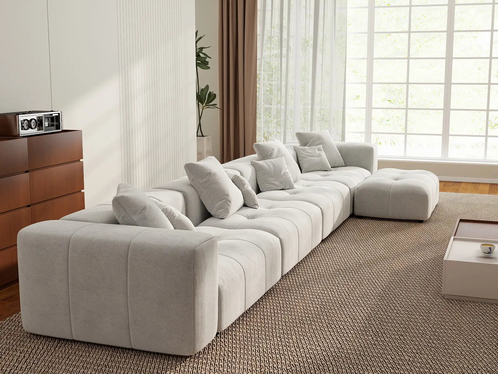 Matrix 4-Seater White Large Space L-Shaped Sectional | 5-Piece (Includes 1 Ottoman), Linen Fabric