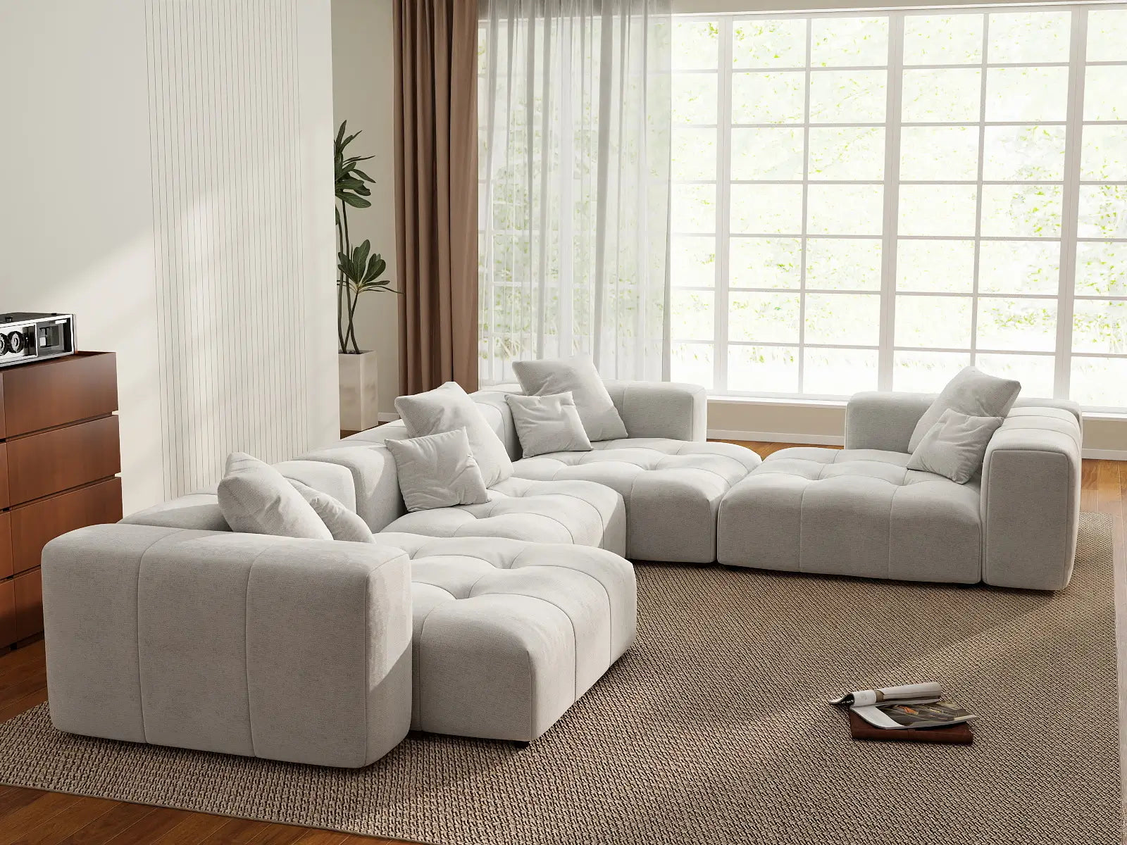 Matrix 4-Seater White Large Space L-Shaped Sectional | 4-Piece, Linen Fabric