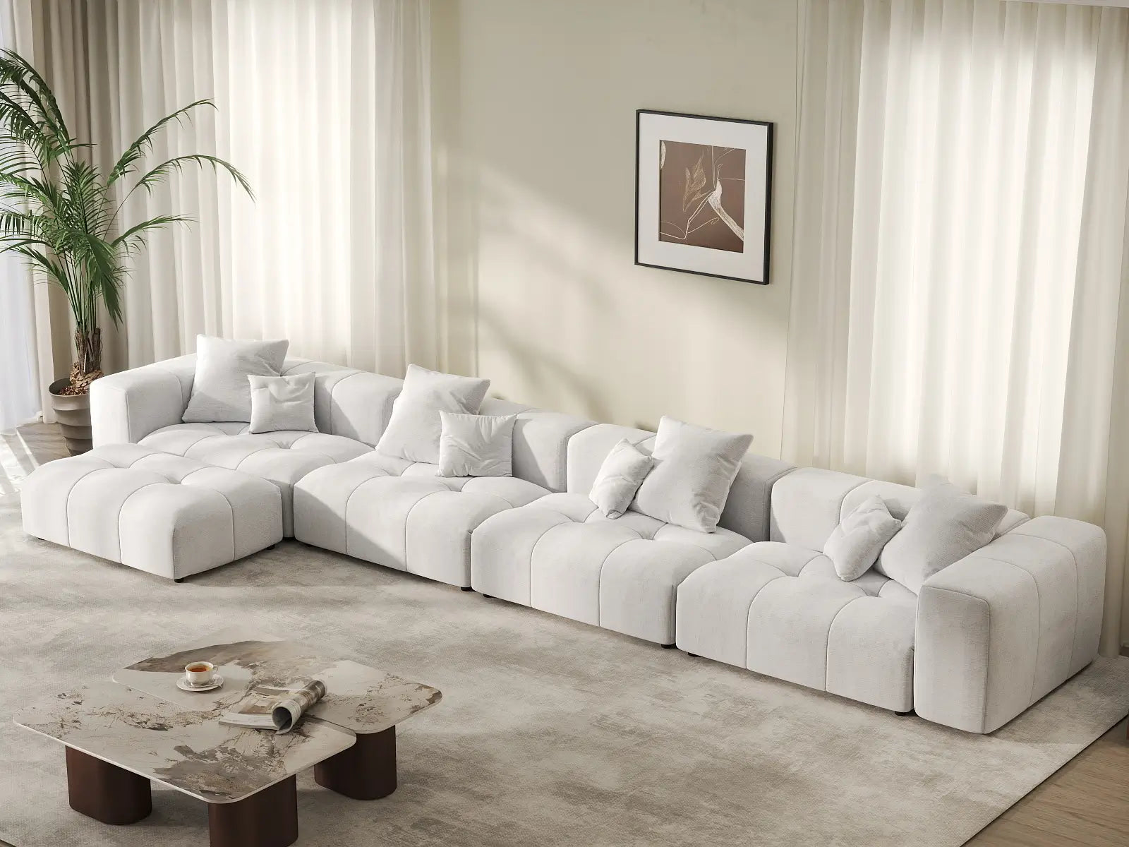Matrix 4-Seater White Large Space L-Shaped Sectional | 5-Piece (Includes 1 Ottoman), Linen Fabric