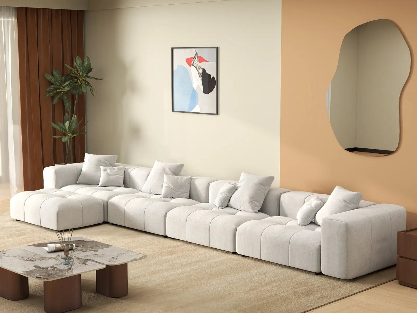 Matrix 4-Seater White Large Space L-Shaped Sectional | 5-Piece (Includes 1 Ottoman), Linen Fabric