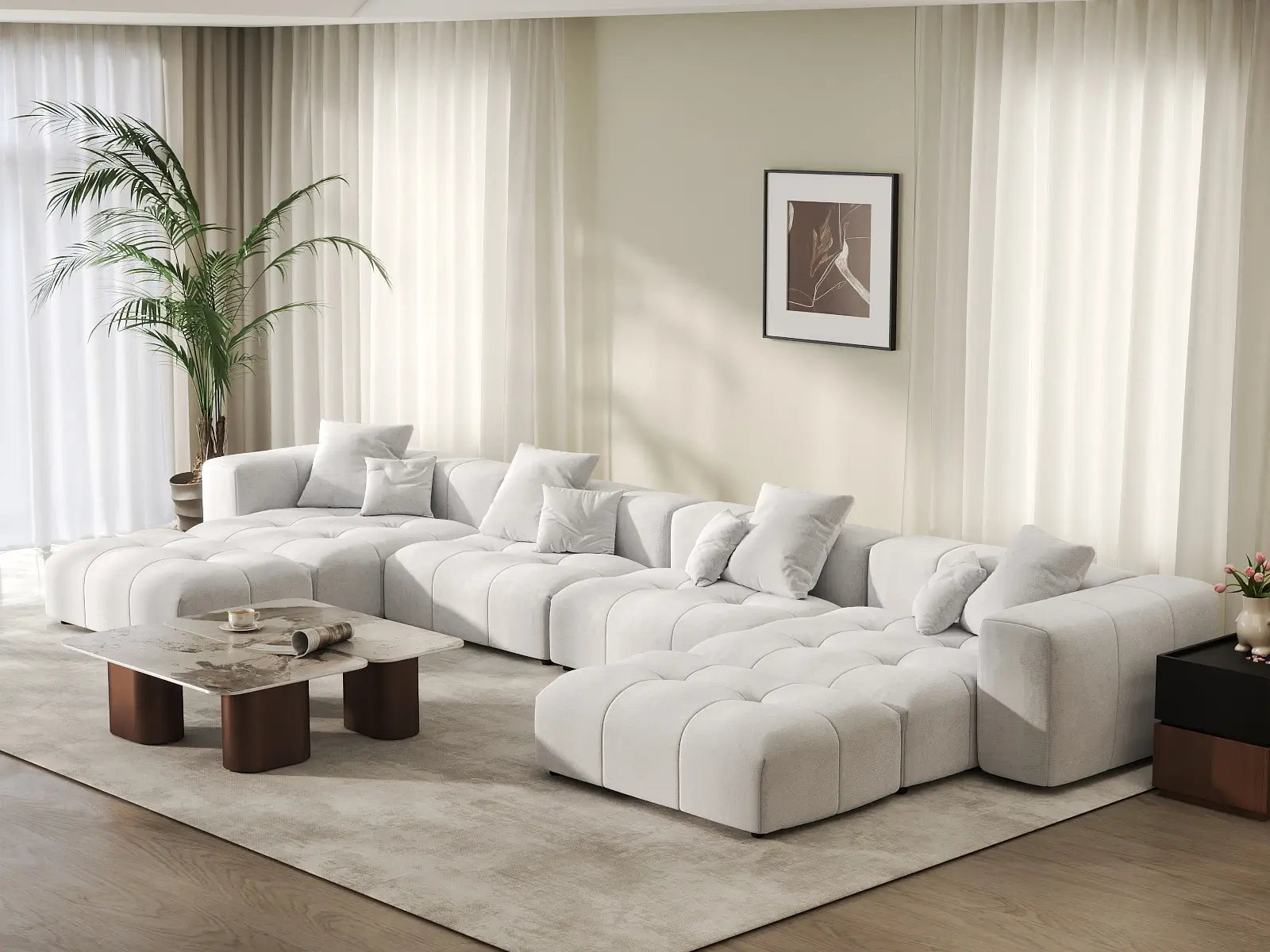 Matrix 4-Seater White Large Space U-Shaped Sectional | 6-Piece (Includes 2 Ottomans), Linen Fabric