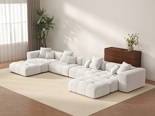 Matrix 4-Seater White Large Space U-Shaped Sectional | 6-Piece (Includes 2 Ottomans), Linen Fabric