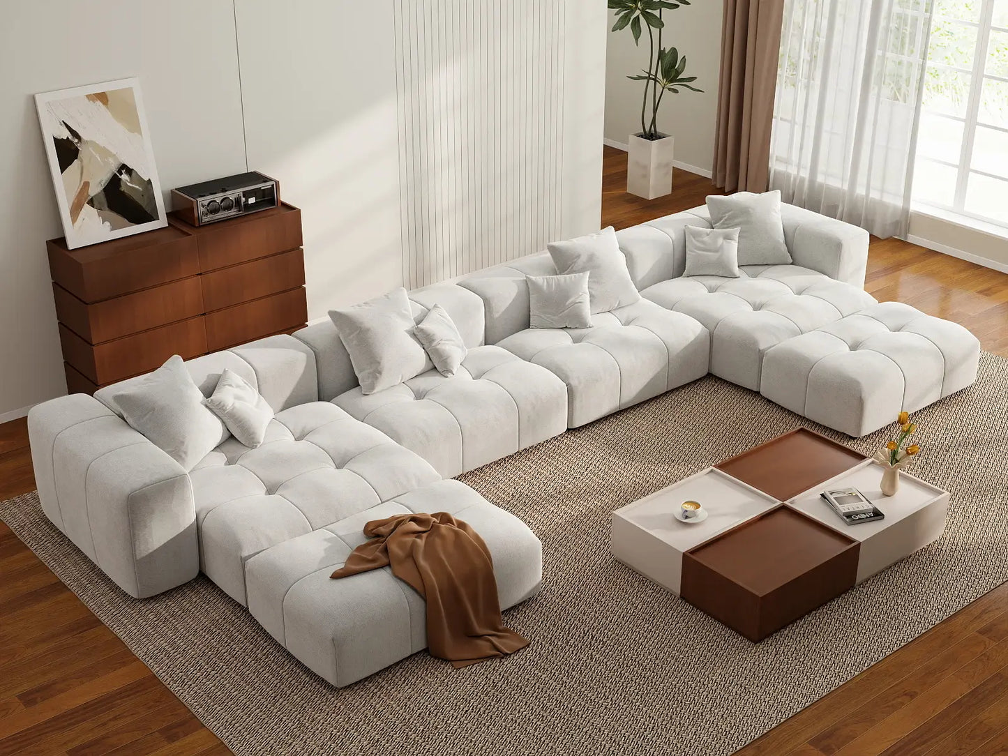 Matrix 4-Seater White Large Space U-Shaped Sectional | 6-Piece (Includes 2 Ottomans), Linen Fabric