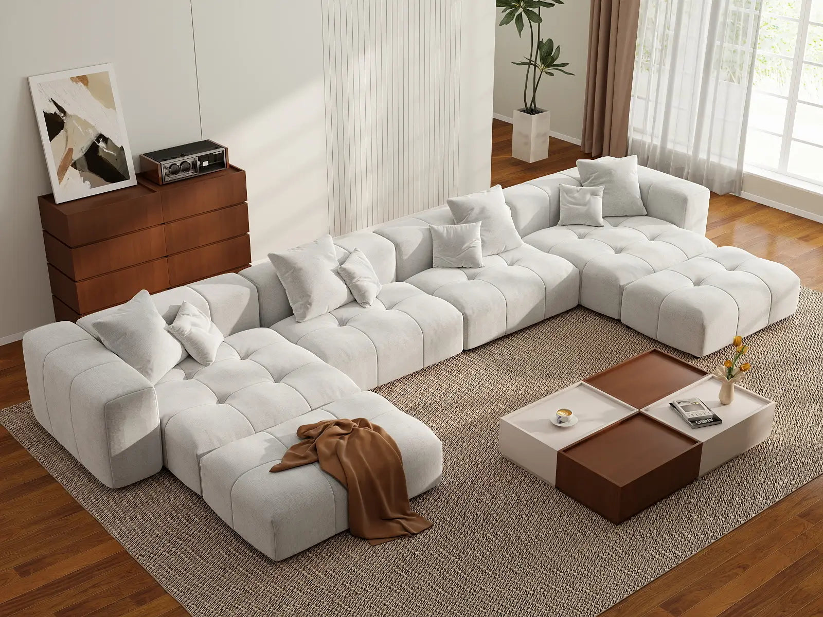 Matrix 4-Seater White Large Space U-Shaped Sectional | 6-Piece (Includes 2 Ottomans), Linen Fabric