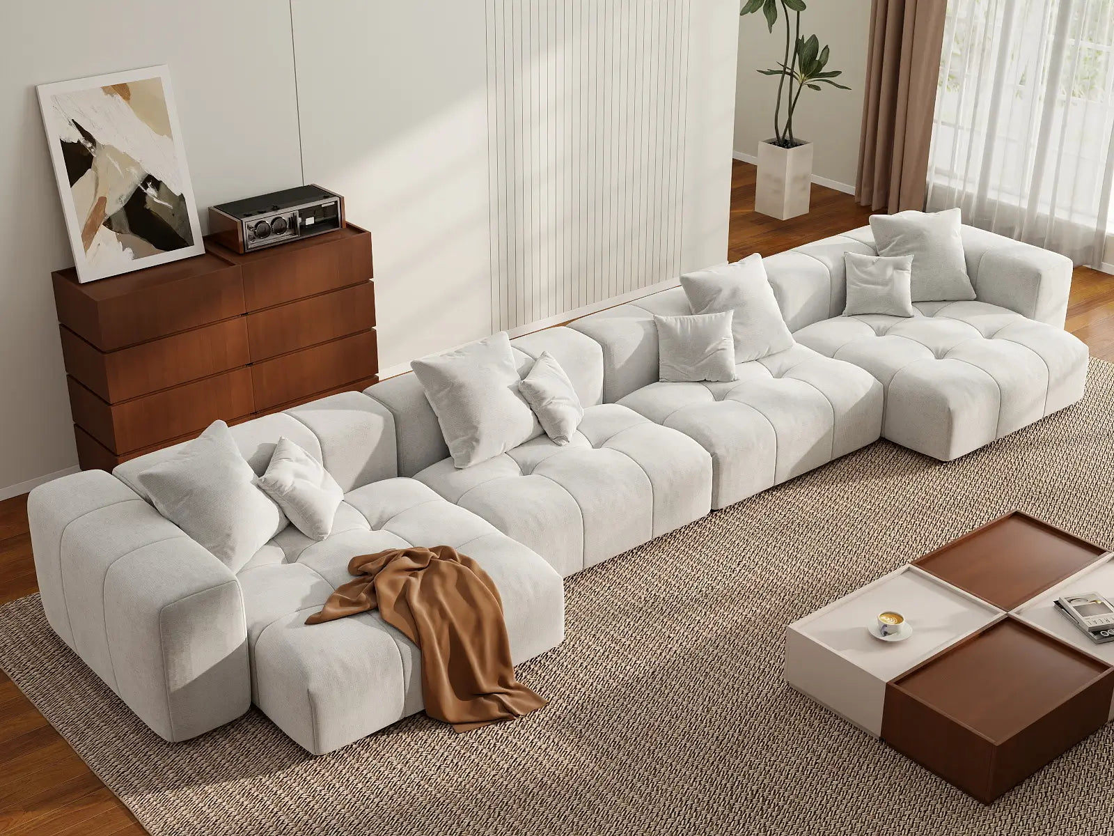 Matrix 4-Seater White Linen Couch Sectional | 4-Piece, Large Space