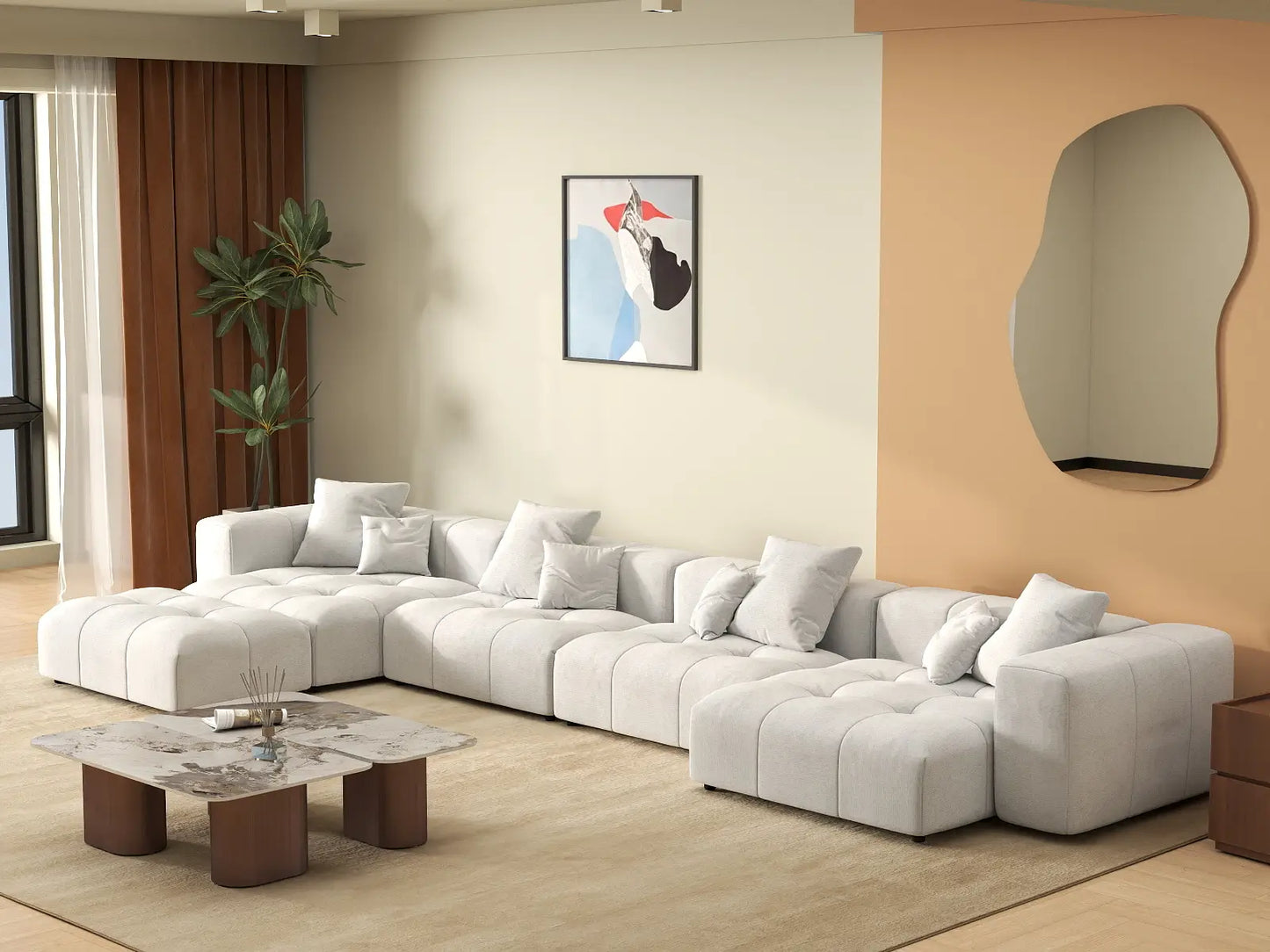 Matrix 4-Seater White Linen L-Shaped Sectional | 5-Piece (Includes 1 Ottoman), Modular Design