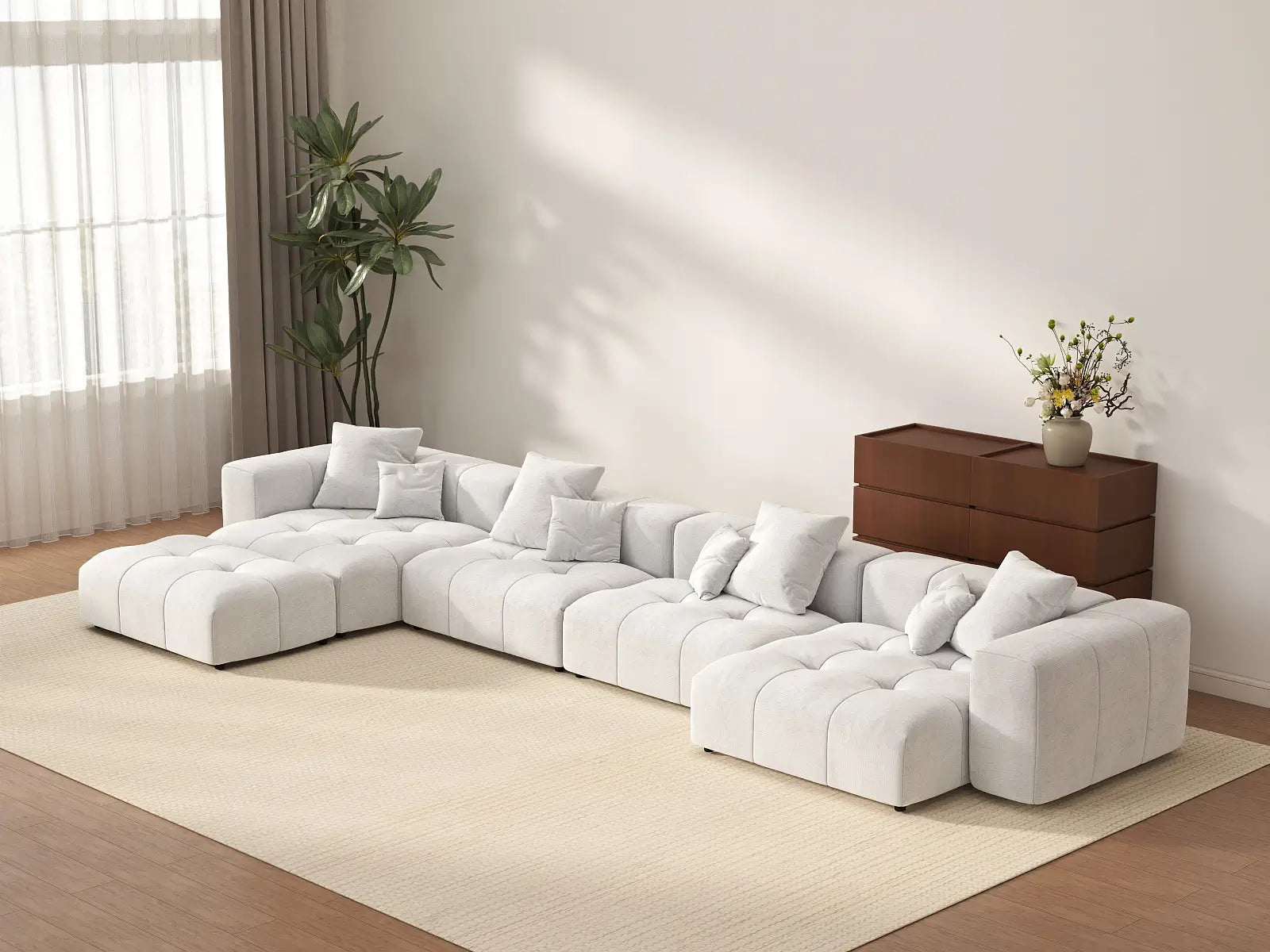 Matrix 4-Seater White Linen L-Shaped Sectional | 5-Piece (Includes 1 Ottoman), Modular Design