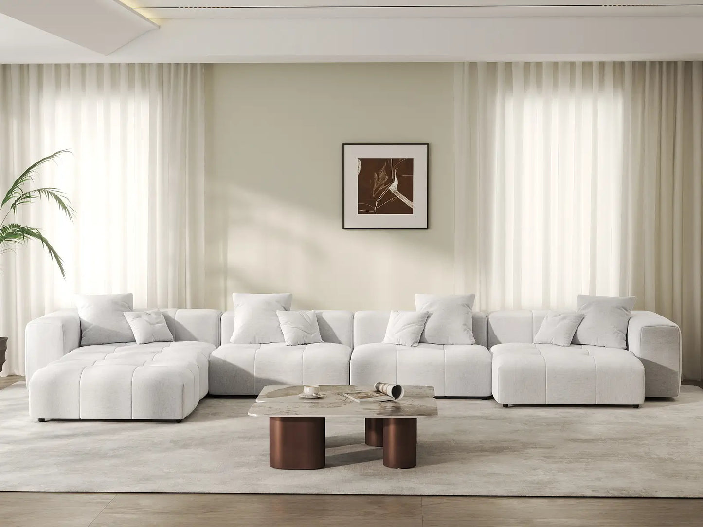 Matrix 4-Seater White Linen L-Shaped Sectional | 5-Piece (Includes 1 Ottoman), Modular Design