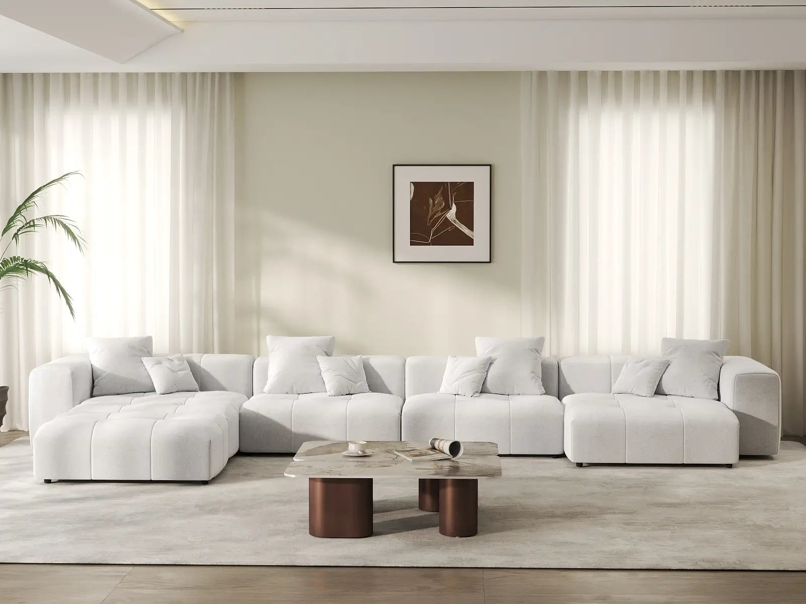 Matrix 4-Seater White Linen L-Shaped Sectional | 5-Piece (Includes 1 Ottoman), Modular Design