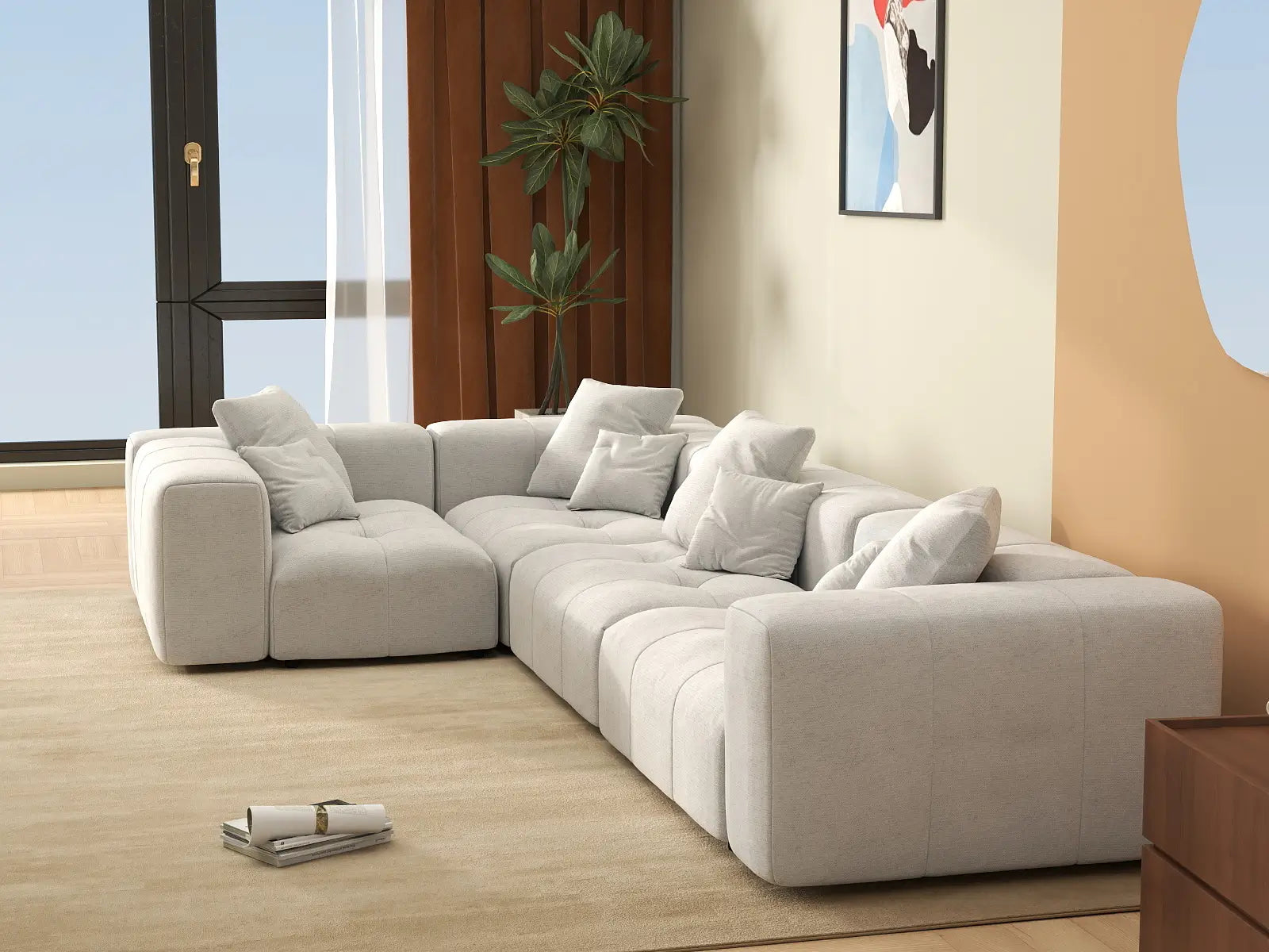 Matrix 4-Seater White Linen L-Shaped Sectional | 4-Piece, Modular Design