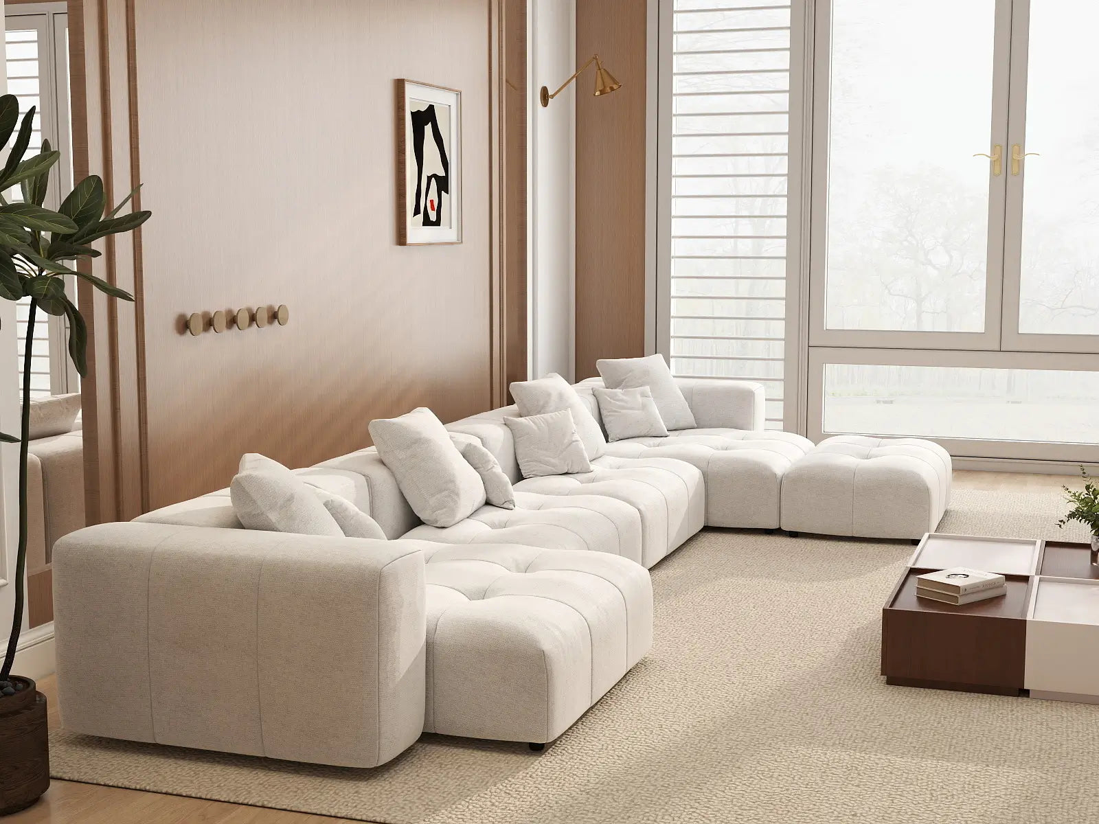 Matrix 4-Seater White Linen L-Shaped Sectional | 5-Piece (Includes 1 Ottoman), Modular Design