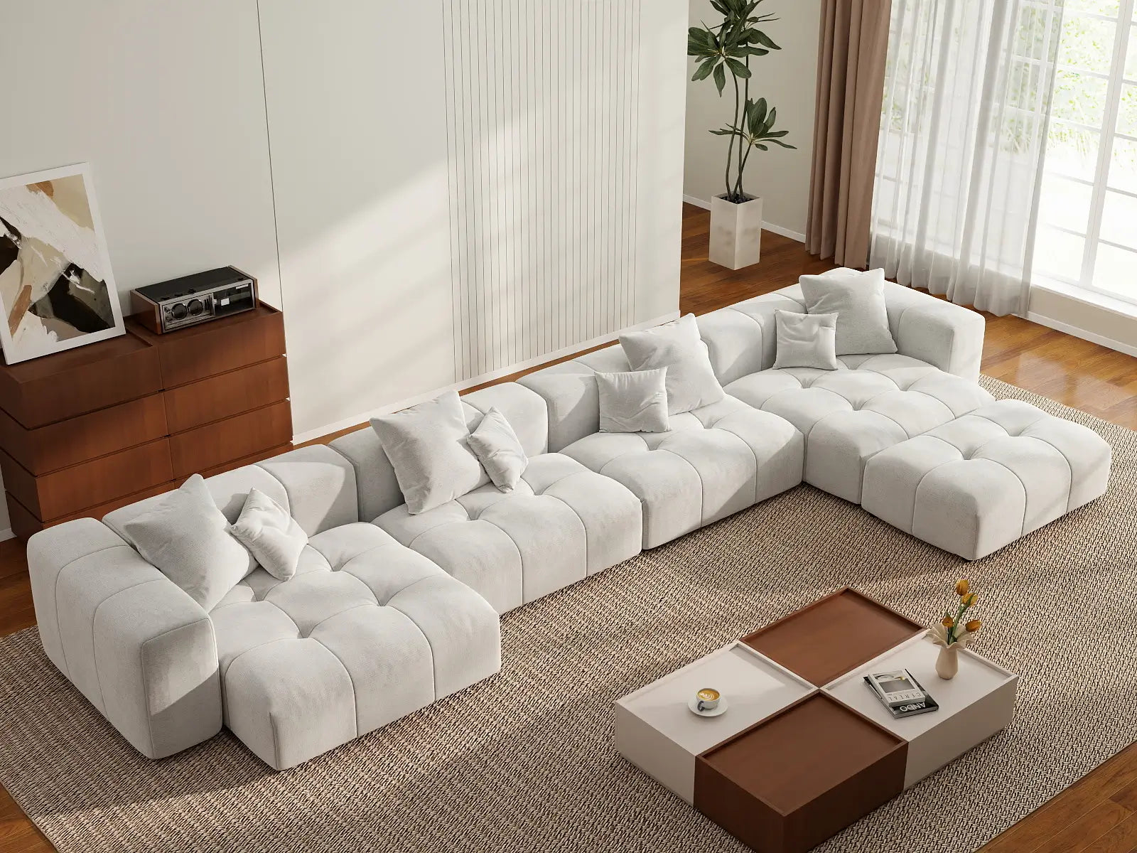 Matrix 4-Seater White Linen L-Shaped Sectional | 5-Piece (Includes 1 Ottoman), Modular Design