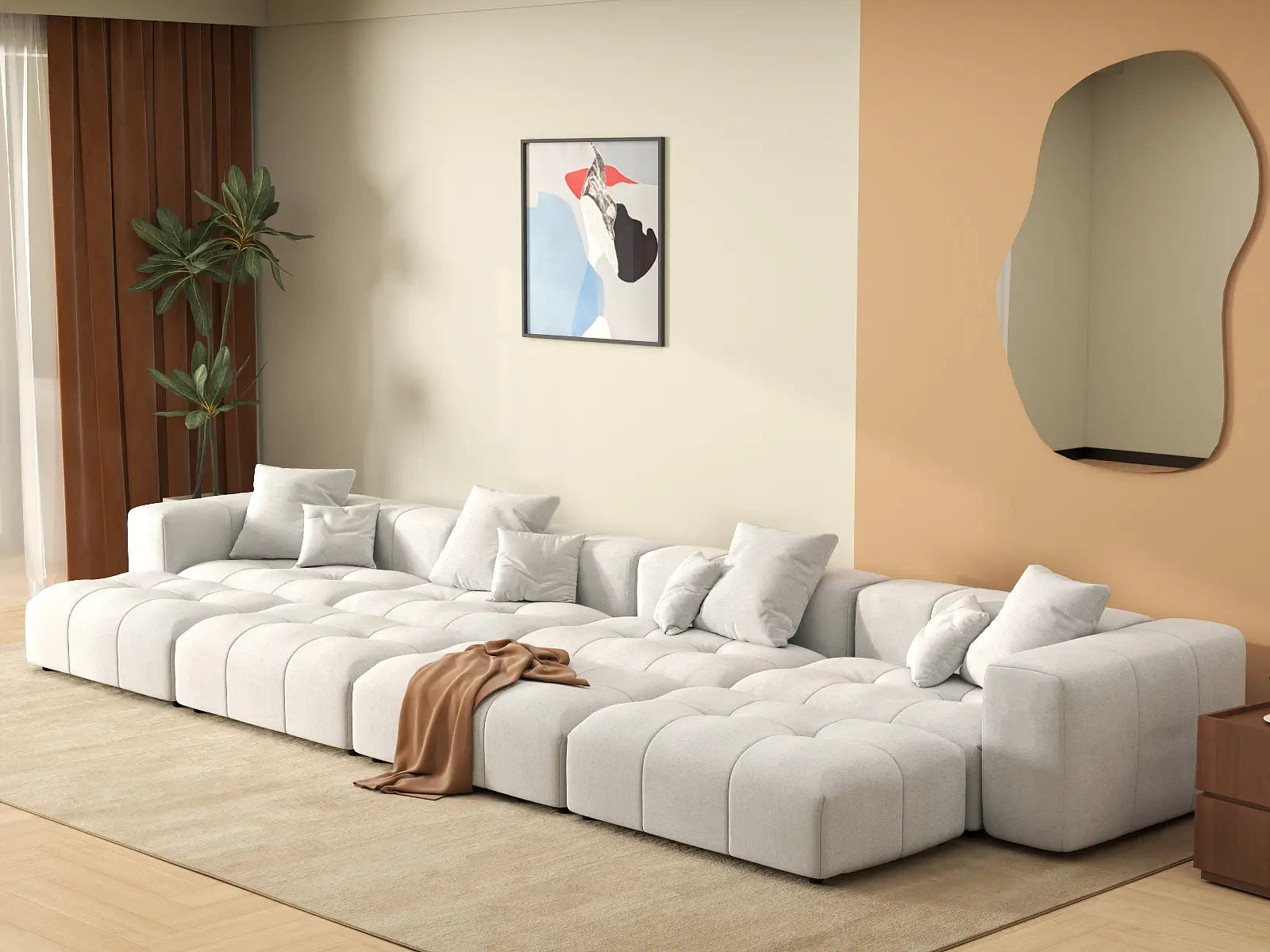 Matrix 4-Seater White Linen Pit Sectional | 8-Piece (Includes 4 Ottomans), Open Space