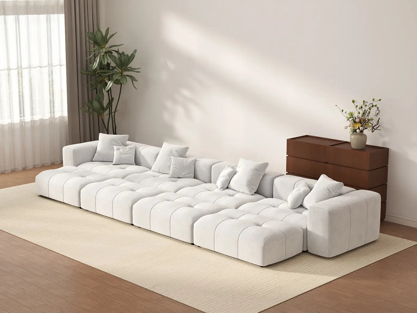 Matrix 4-Seater White Linen Pit Sectional | 8-Piece (Includes 4 Ottomans), Open Space