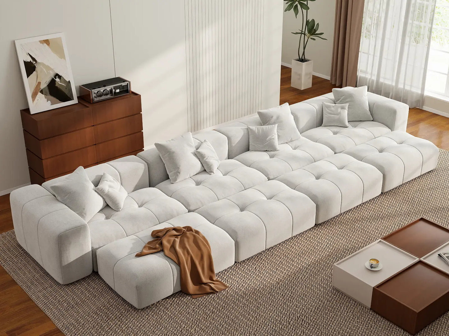 Matrix 4-Seater White Linen Pit Sectional | 8-Piece (Includes 4 Ottomans), Open Space
