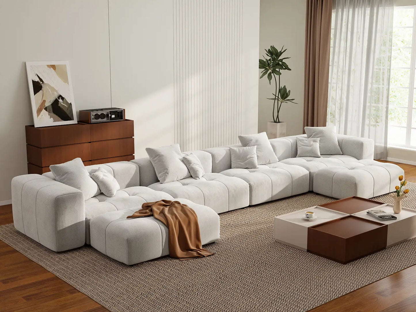 Matrix 4-Seater White U-Shaped Sectional | 6-Piece (Includes 2 Ottomans), Linen Fabric, Family Room Seating