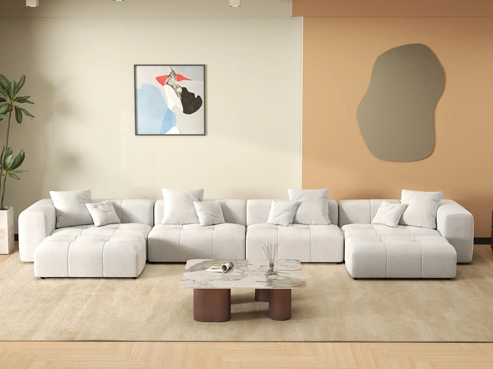 Matrix 4-Seater White U-Shaped Sectional | 6-Piece (Includes 2 Ottomans), Linen Fabric, Family Room Seating