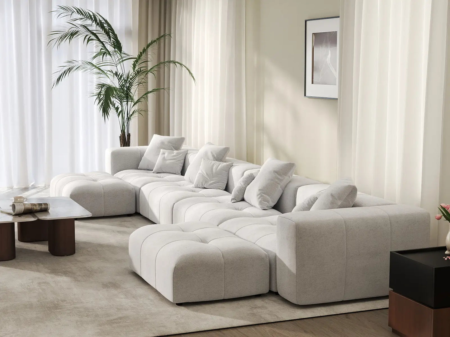 Matrix 4-Seater White U-Shaped Sectional | 6-Piece (Includes 2 Ottomans), Linen Fabric, Family Room Seating