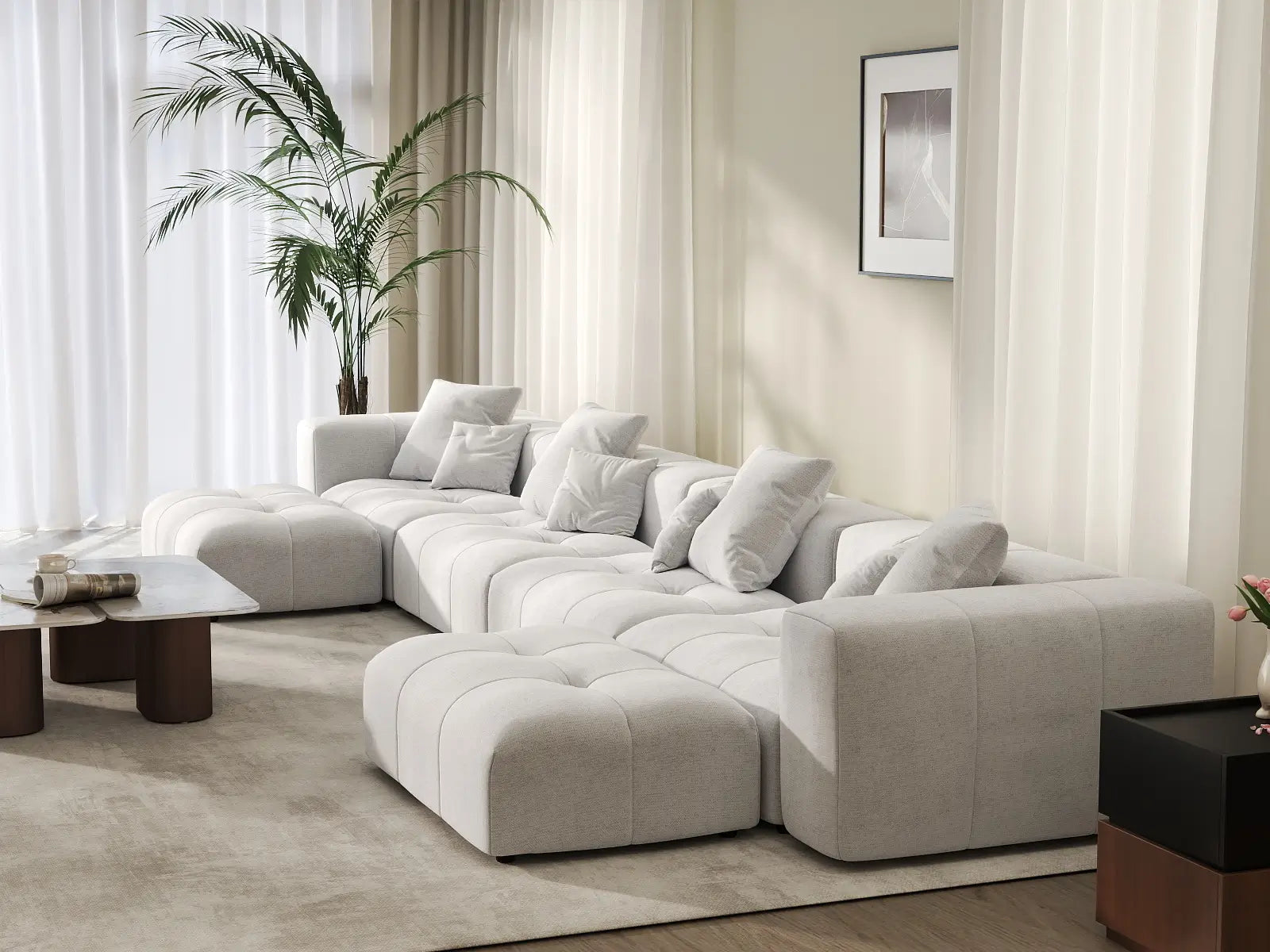 Matrix 4-Seater White U-Shaped Sectional | 6-Piece (Includes 2 Ottomans), Linen Fabric, Family Room Seating