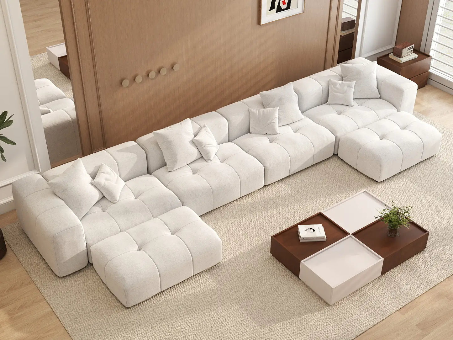 Matrix 4-Seater White U-Shaped Sectional | 6-Piece (Includes 2 Ottomans), Linen Fabric, Family Room Seating