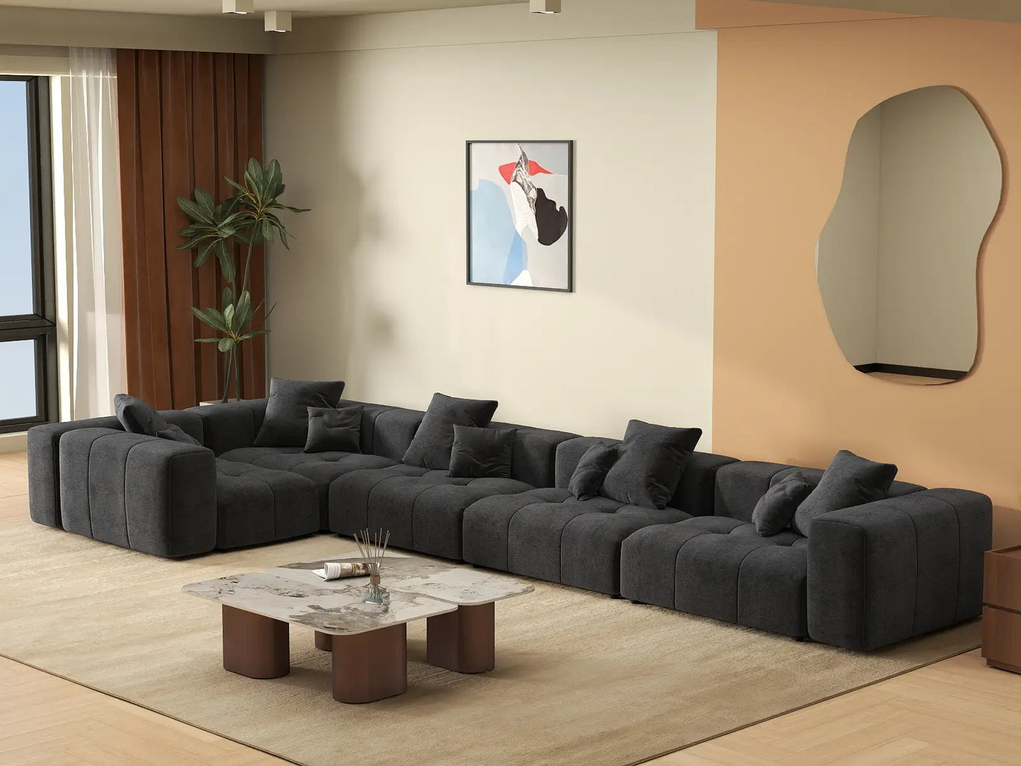 Matrix 5-Seater Black Large Space L-Shaped Sectional | 5-Piece, Linen Fabric