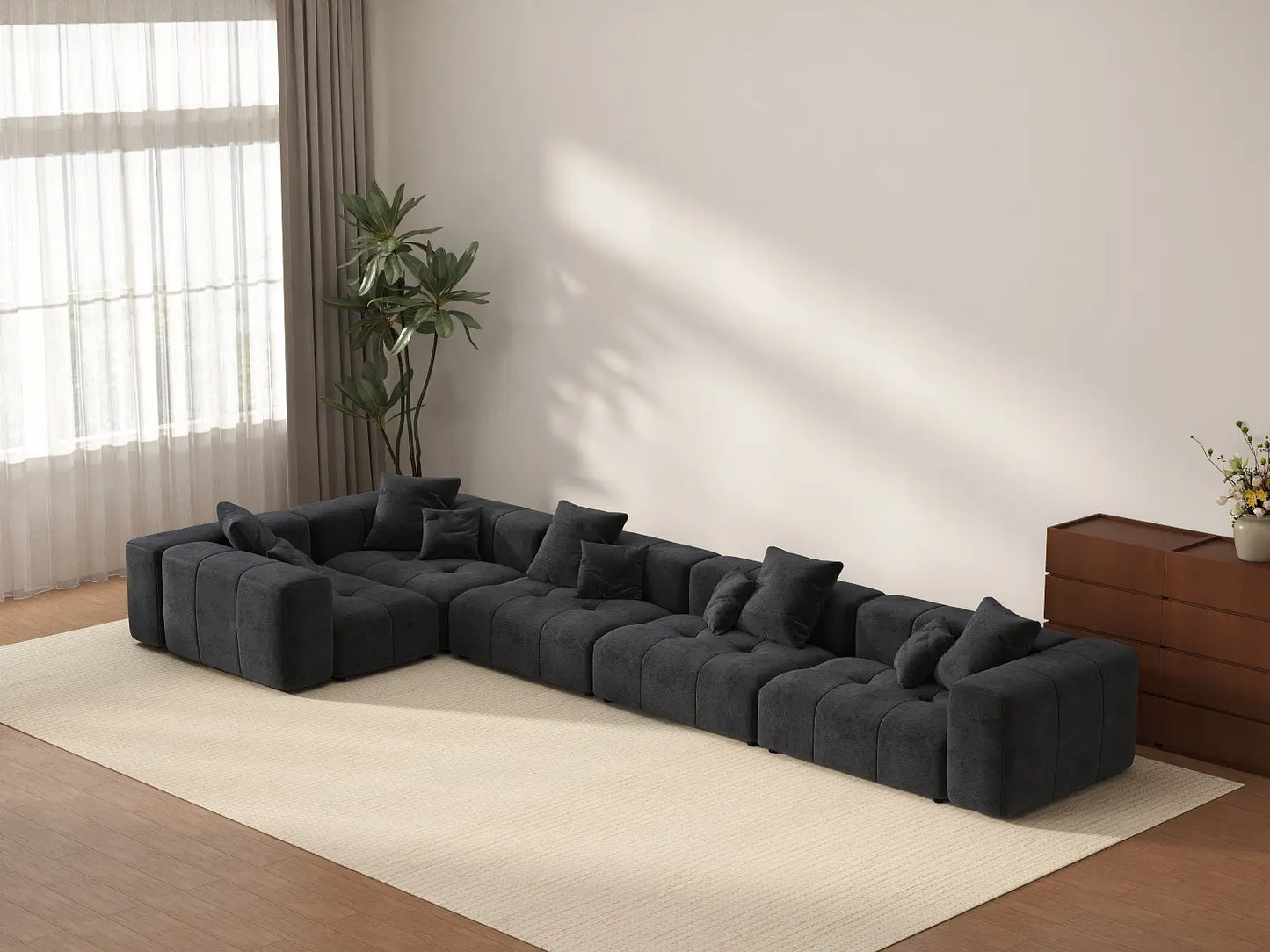 Matrix 5-Seater Black Large Space L-Shaped Sectional | 5-Piece, Linen Fabric