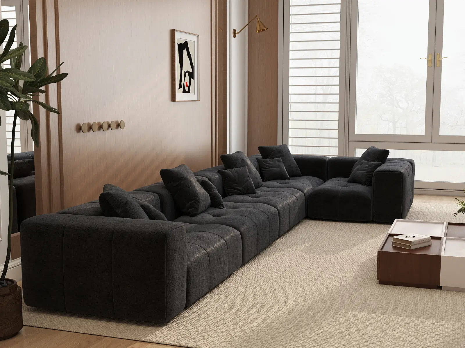 Matrix 5-Seater Black Large Space L-Shaped Sectional | 5-Piece, Linen Fabric