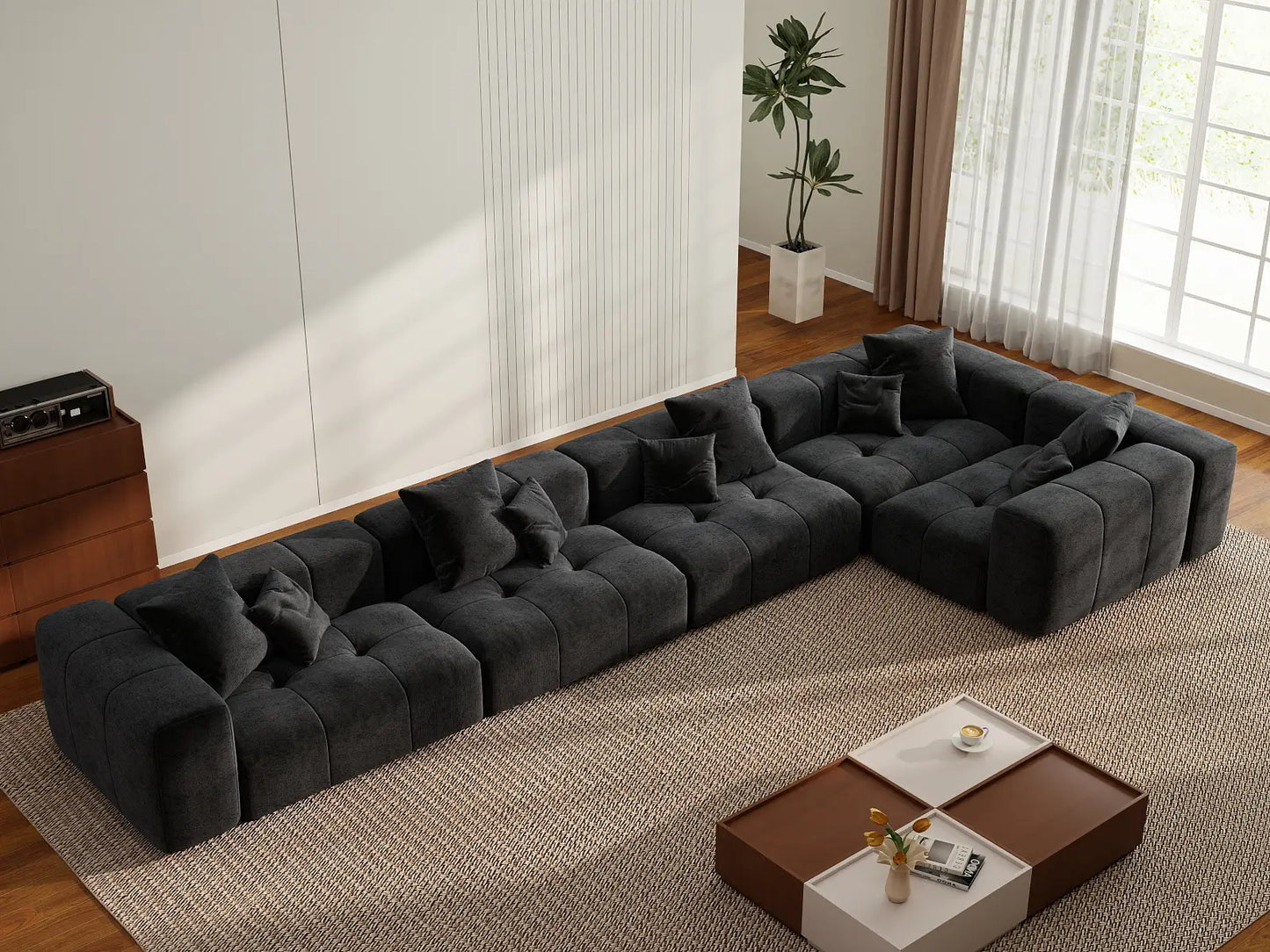 Matrix 5-Seater Black Large Space L-Shaped Sectional | 5-Piece, Linen Fabric