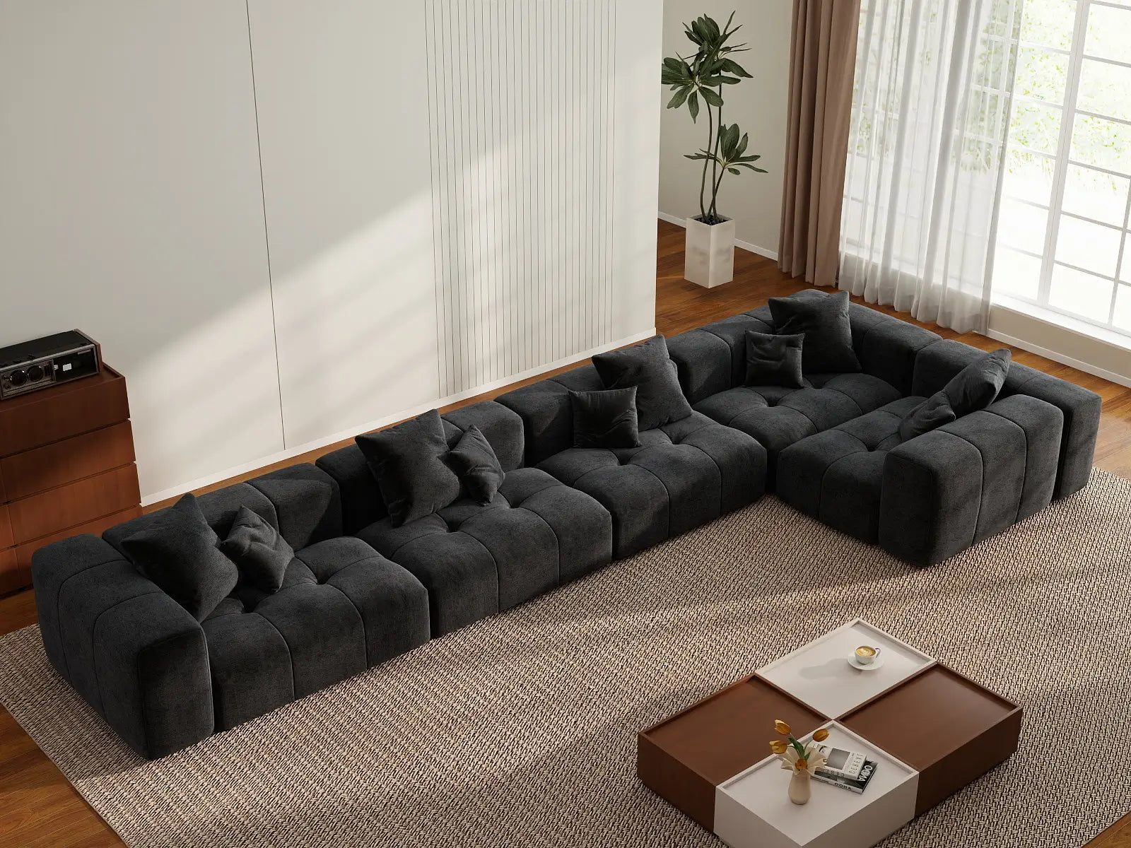 Matrix 5-Seater Black Large Space L-Shaped Sectional | 5-Piece, Linen Fabric