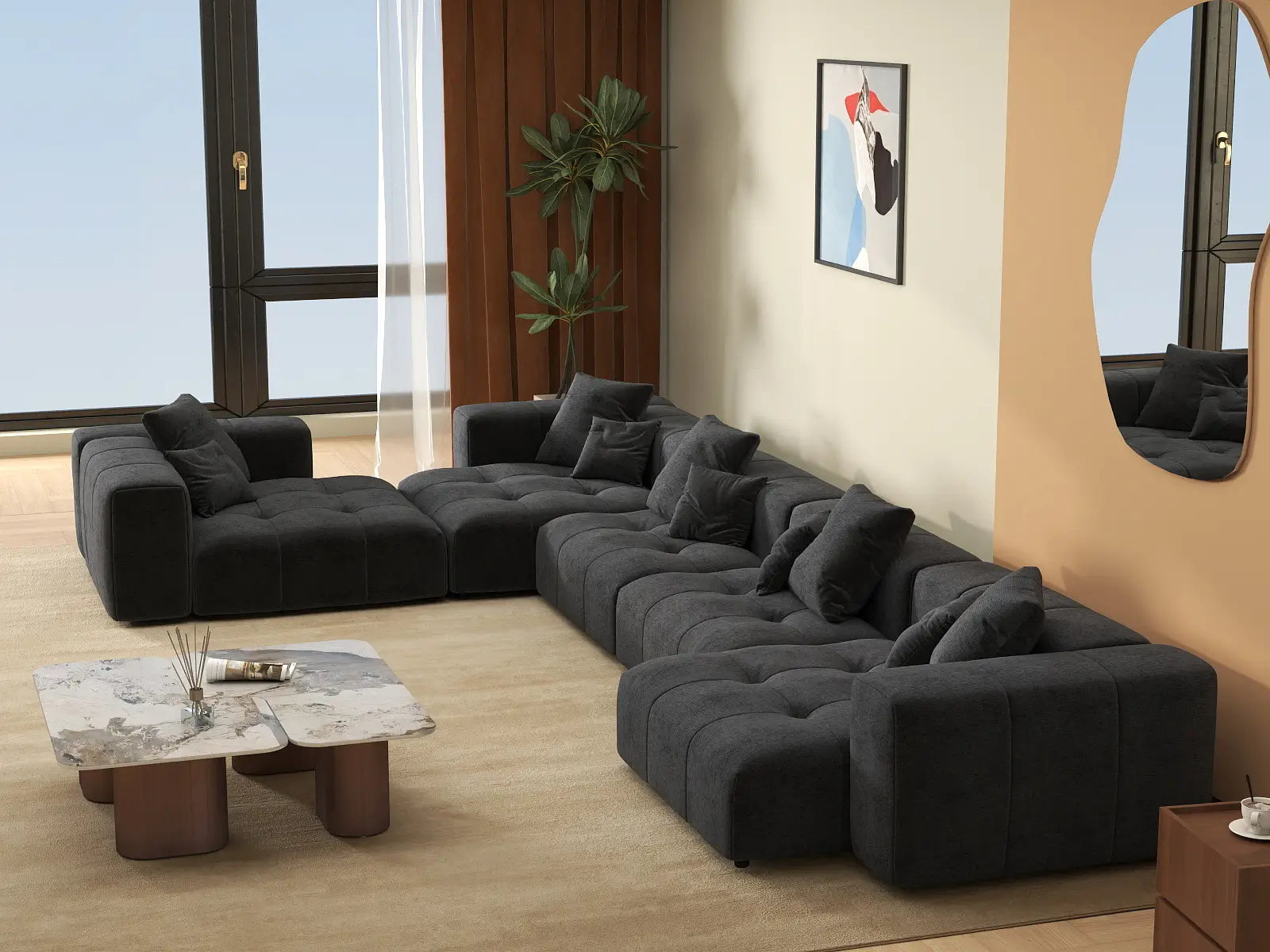 Matrix 5-Seater Black Linen L-Shaped Sectional | 5-Piece, Contemporary Style
